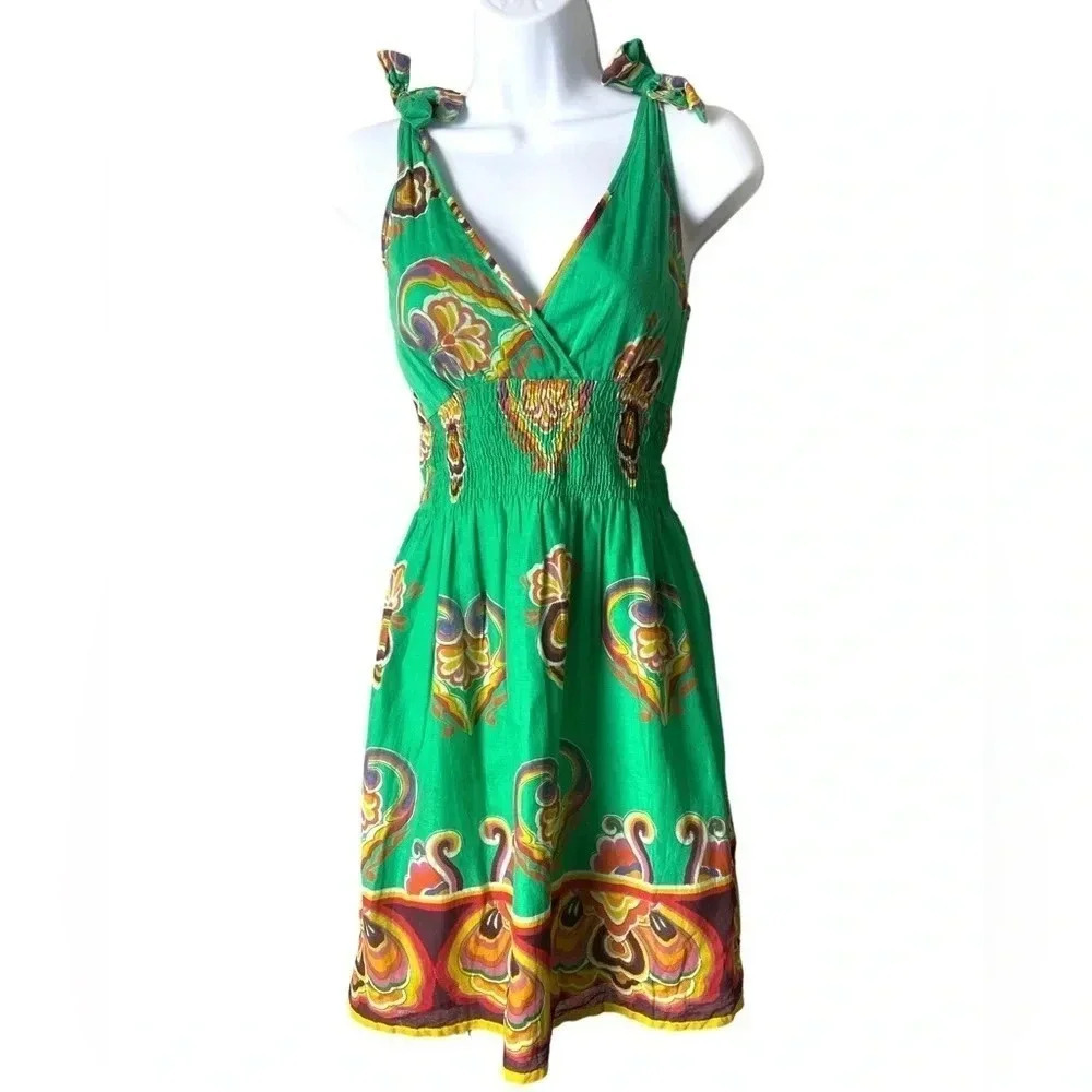 ANGIE | Bright Green Floral Print Summer Dress Size S